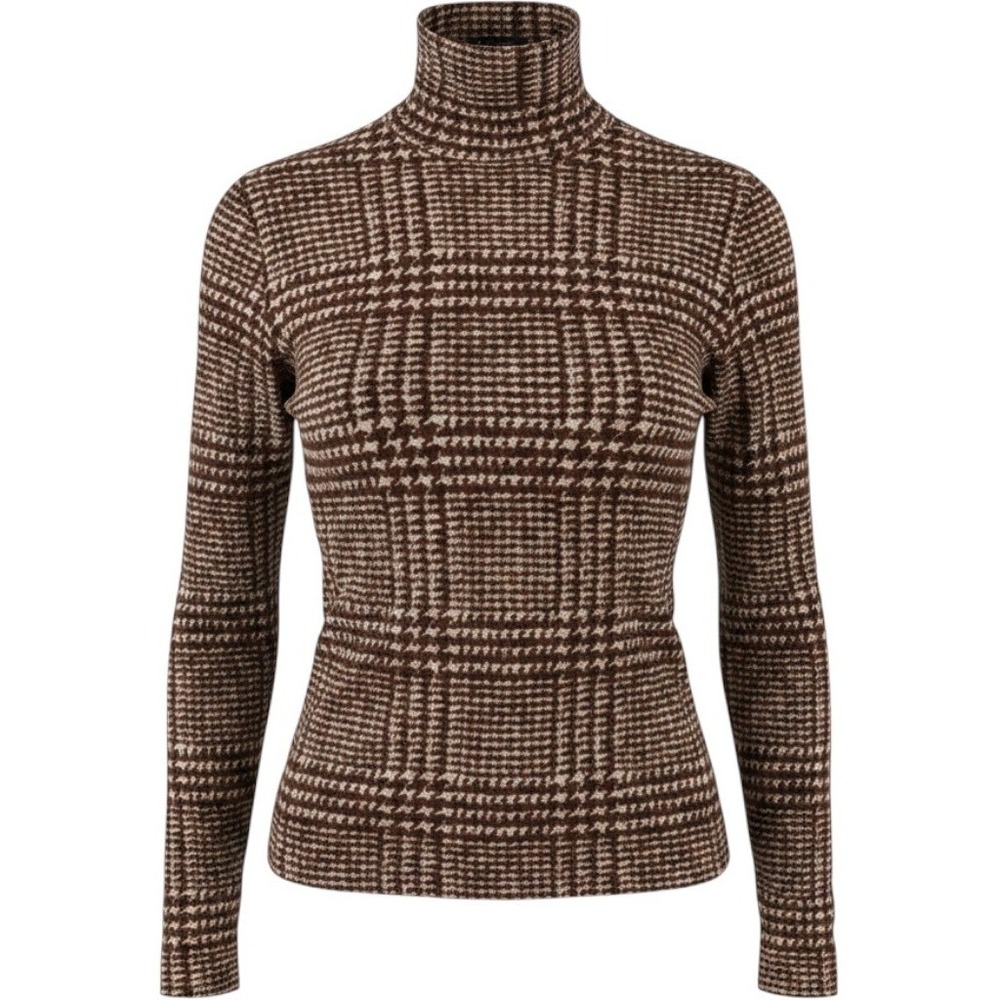 LOFT Turtleneck Top Women M Brown Plaid Houndstooth Long Sleeve Lyocell Blend